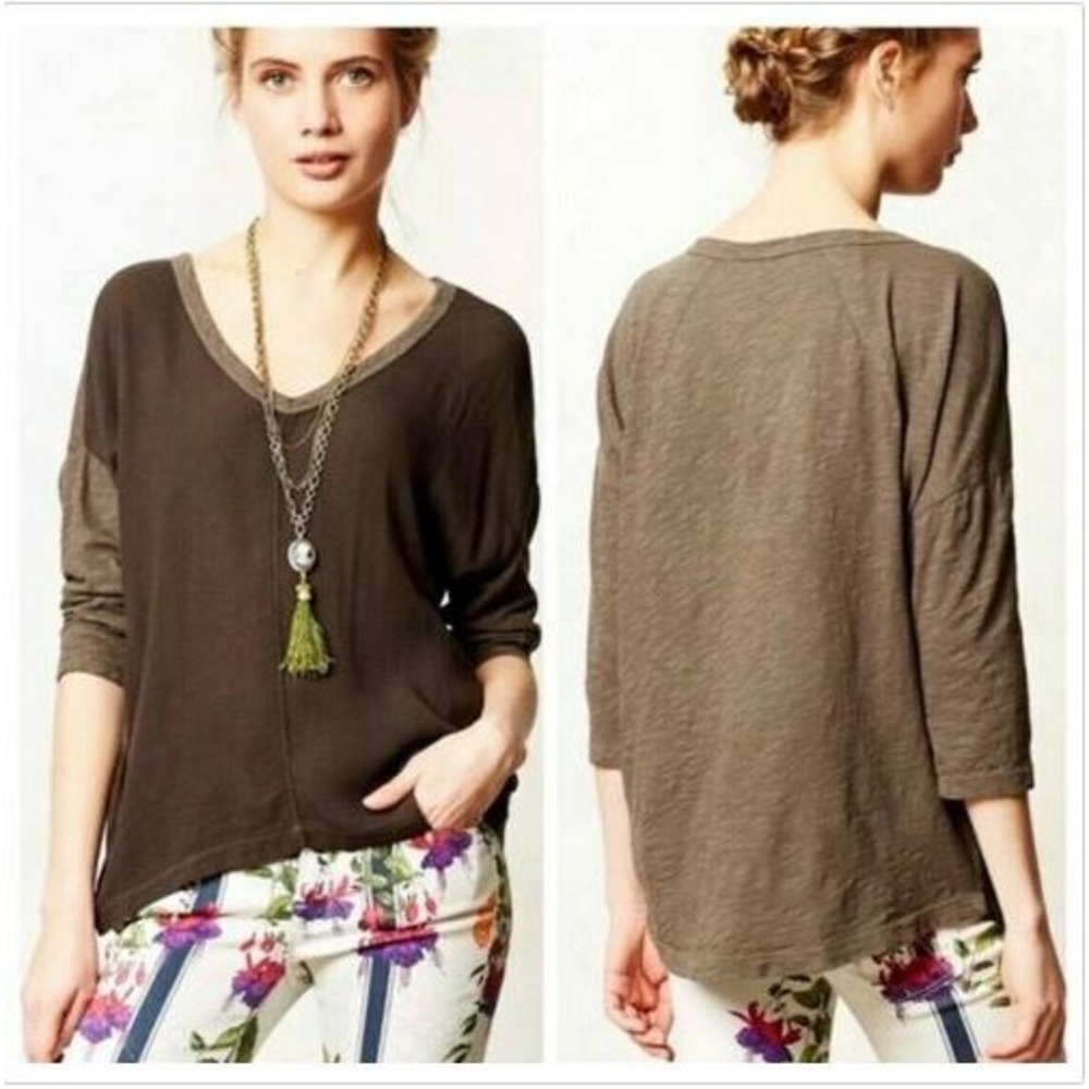 Anthropologie Left Of Center Top S Brown 3/4 Sleeve Oversized Shirt Relaxed‎